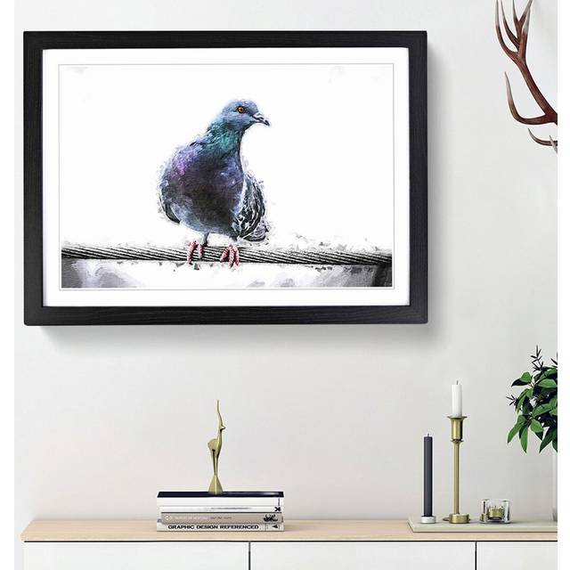Pigeon Bird on a Wire - Picture Frame Painting Print - Black Framed (36cm H x 48cm W x 2cm D)