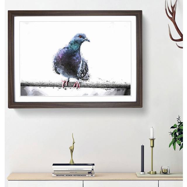 Pigeon Bird on a Wire - Picture Frame Painting Print - Walnut Framed (36cm H x 48cm W x 2cm D)