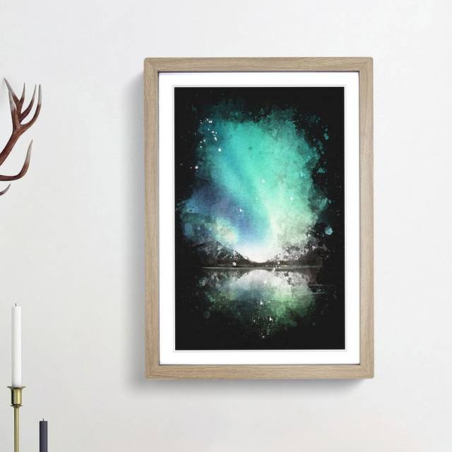 Northern Lights over Skagsanden Beach - Picture Frame Graphic Art Print - Oak Framed (87cm H x 62cm W x 2cm D)