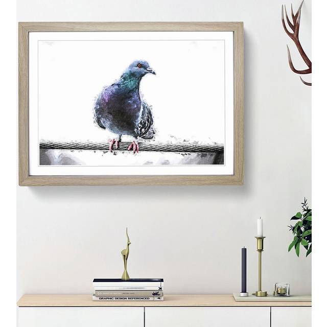 Pigeon Bird on a Wire - Picture Frame Painting Print - Oak Framed (27cm H x 36cm W x 2cm D)