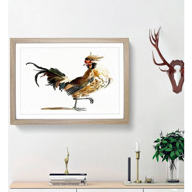 A Rooster by Johan Teyler - Picture Frame Painting Print on Paper - Oak Framed (45cm H x 63cm W x 2cm D)