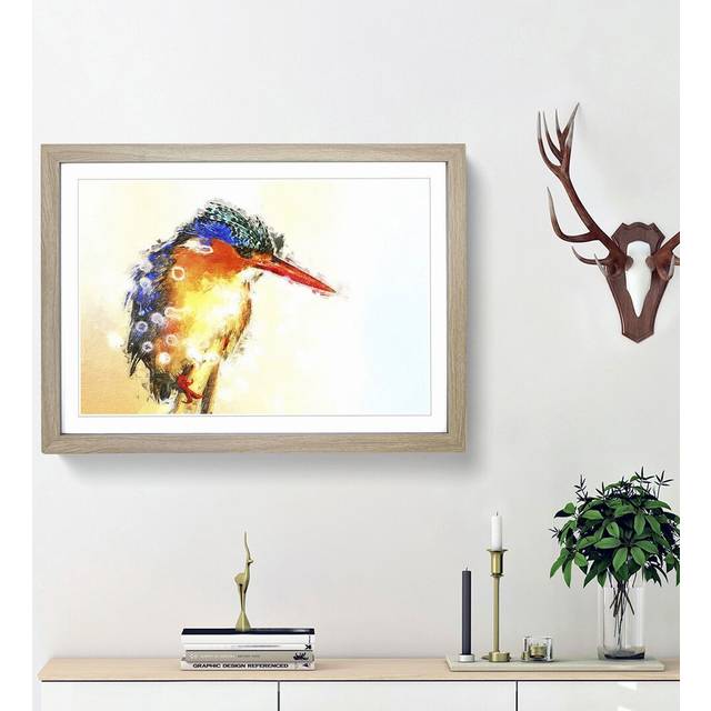 Exquisite Kingfisher Bird in Abstract - Picture Frame Painting Print - Oak Framed (48cm H x 65cm W x 2cm D)