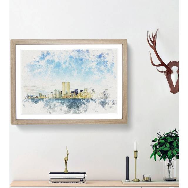 New York Skyline with the Twin Towers - Picture Frame Graphic Art Print - Oak Framed (62cm H x 87cm W x 2cm D)