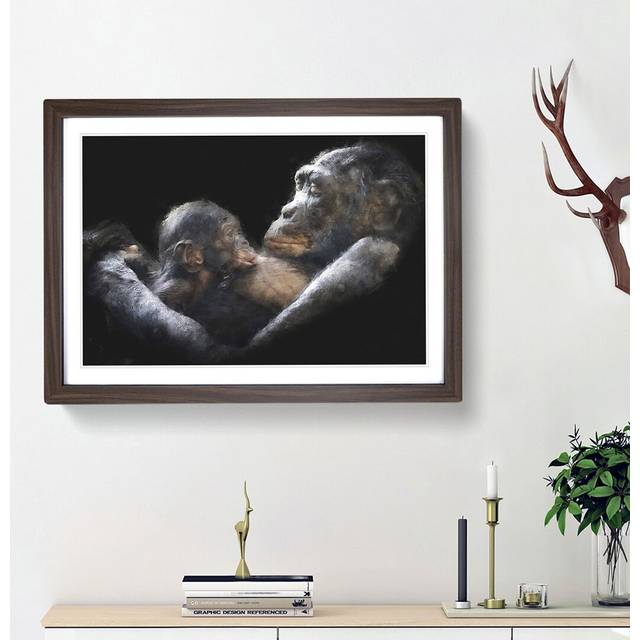 Gorilla Mother & Child - Picture Frame Graphic Art Print - Walnut Framed (24cm H x 33cm W x 2cm D)