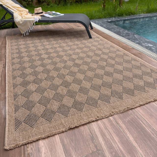 Jute Looking Square Dots Design Outdoor Rugs in Dark Grey for Garden Patio Nature 5300DG - 140cm x 200cm