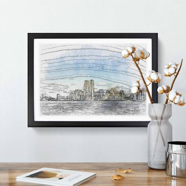 New York Skyline with the Twin Towers in Abstract - Picture Frame Graphic Art Print - Black Framed (27cm H x 36cm W x 2cm D)