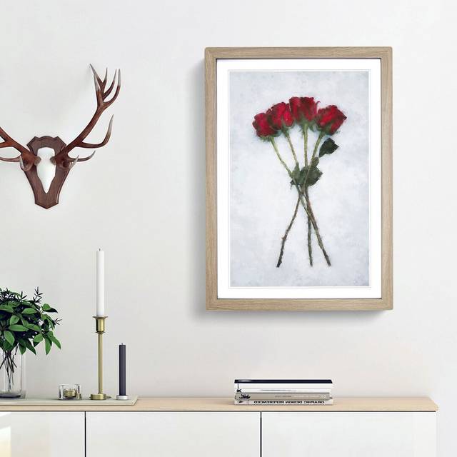 Bunch of Red Roses - Picture Frame Graphic Art Print - Oak Framed (33cm H x 24cm W x 2cm D)