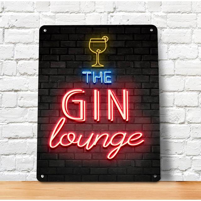 Gin Lounge Bar Sign - Neon Light Effect Metal Sign Wall Art A4 Bar Sign (30cm H X 20cm W)