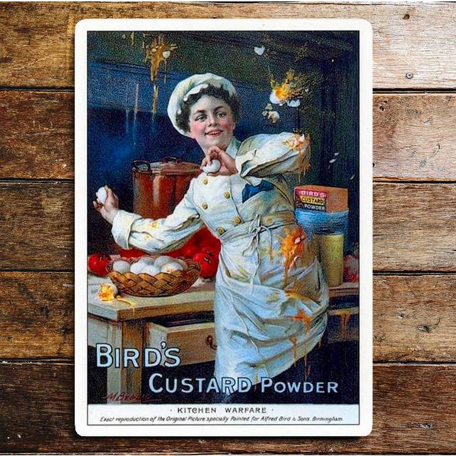 Birds Custard Powder Kitchen Warfare Metal Sign - Blue (40cm H x 28cm W)