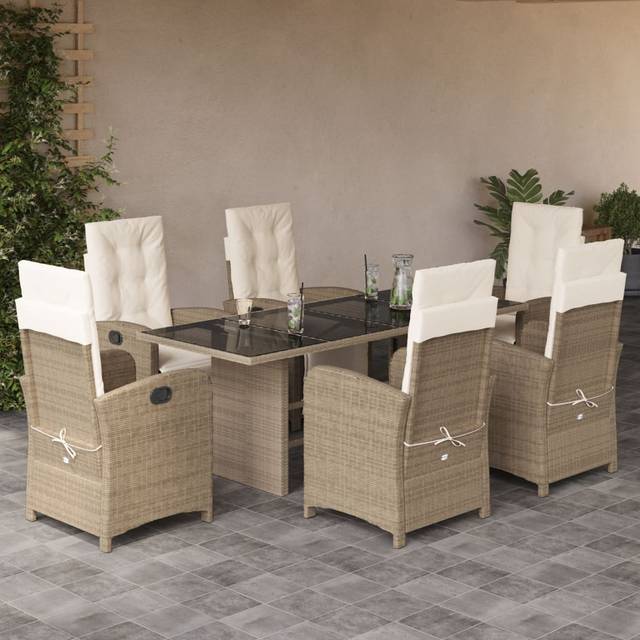 vidaXL 7 Piece Garden Dining Set with Cushions Beige Poly Rattan