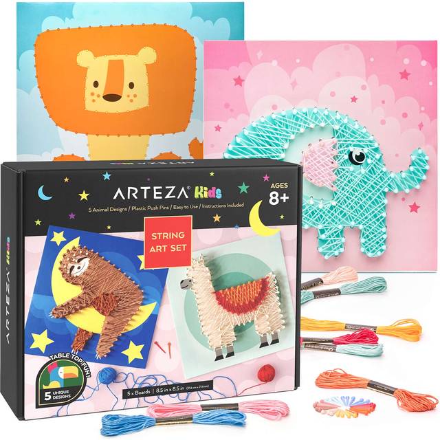 Arteza Kids String Art Kit  Set of 5 Animal Designs  Plastic Pushpins  Art Supplies for Kids Craft Projects and Free Time Activities