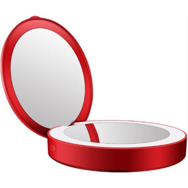 (Red, Standard) Portable Led Mobile Power Makeup Mirror Round Makeup Mirror With Light Pocket Folding Beauty Mirror