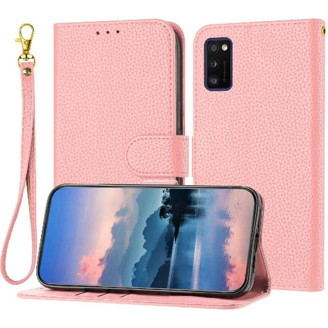 (Pink) Phone Case For Samsung Galaxy A41 Flip Folio PU Lether Litchi Pattern Card Slots Holder Wallet