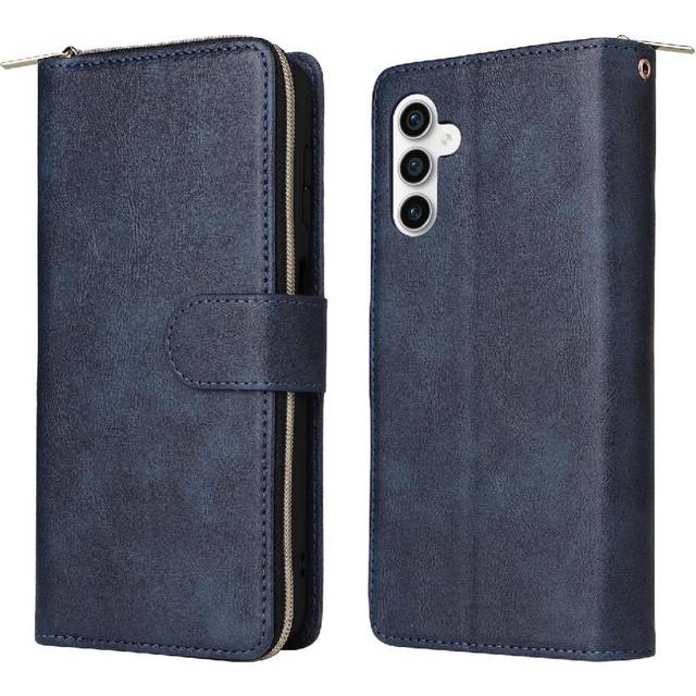 (Blue) Case For Samsung Galaxy S23 FE With Hand Strap Card Holder Flip Cover Zipper Pocket Wallet Case With 9 Card Slots