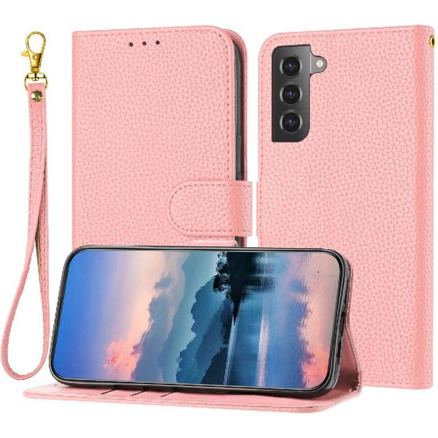 (Pink) Phone Case For Samsung Galaxy S21 Plus Litchi Pattern Wallet Flip Folio Card Slots Holder PU Lether