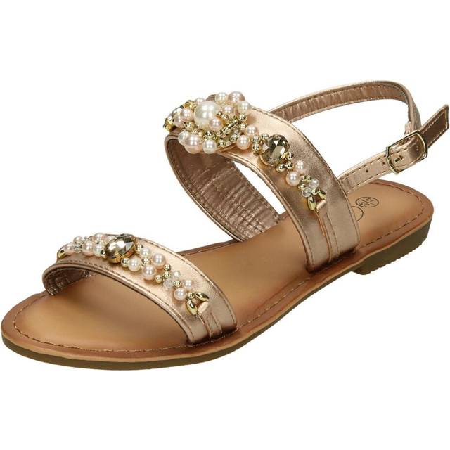 (UK 12 Child, Rose Gold (Gold)) Girls Spot On Pearl Jewel Trim Sandals