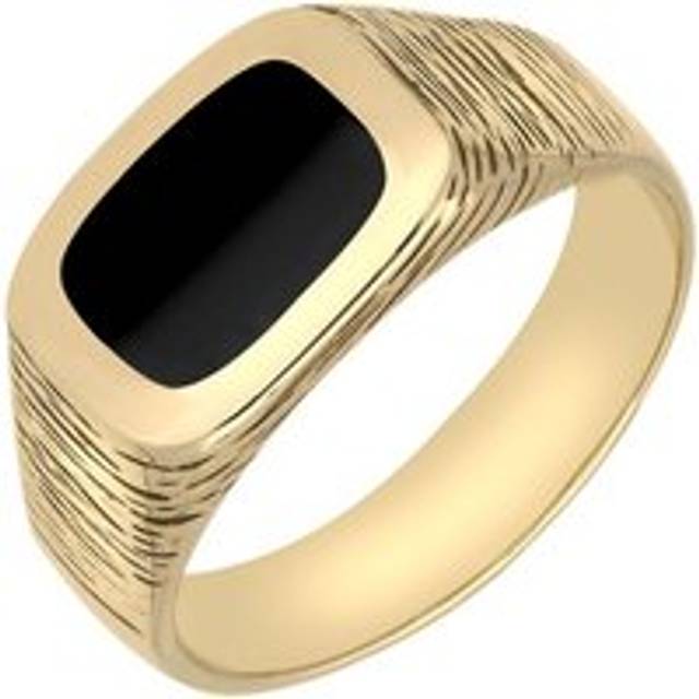 9ct Yellow Gold Whitby Jet Oblong Bark Effect Signet Ring - Yellow Gold