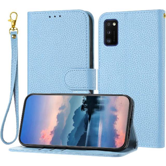 (Light blue) Phone Case For Samsung Galaxy A41 Flip Folio PU Lether Litchi Pattern Card Slots Holder Wallet