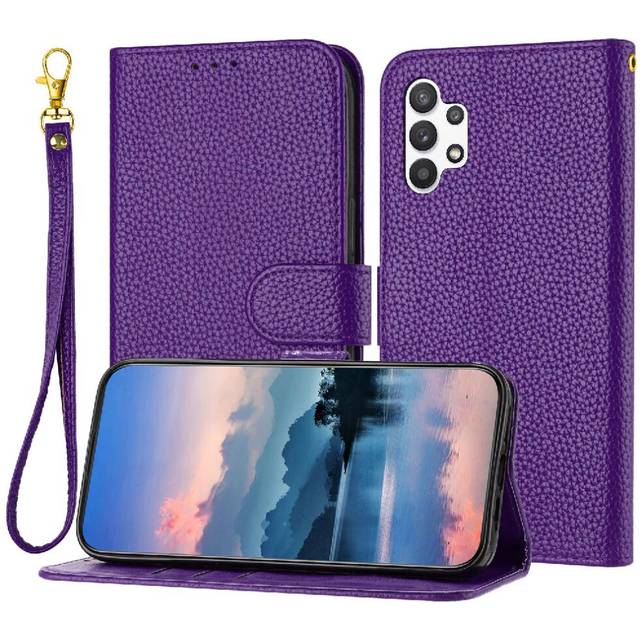 (Purple) Phone Case For Samsung Galaxy A32 5G Flip Folio Card Slots Holder Wallet Litchi Pattern PU Lether