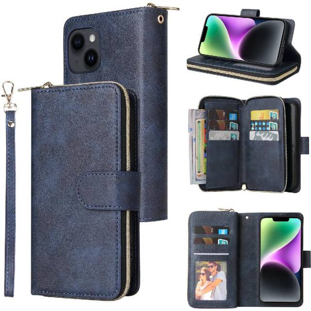 (Blue) Case For IPhone 14 With Hand Strap Wallet Case With 9 Card Slots Card Holder Flip Cover Zipper Pocket
