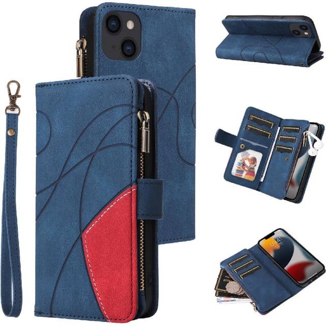 (Blue) Case For IPhone 14 Plus Two-color Stitching Nine Card Slots Kickstand Protective Zipper Wallet Style With Card Slot Stand