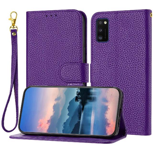 (Purple) Phone Case For Samsung Galaxy A41 Flip Folio PU Lether Litchi Pattern Card Slots Holder Wallet