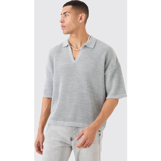 Boxy Short Sleeve Ribbed Knit Polo - Grey - L