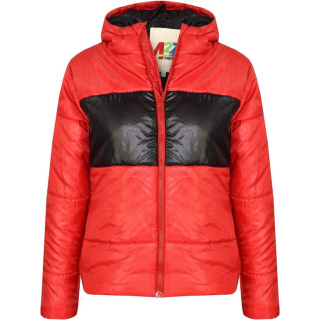 (5-6 Years, Red) Kids Girls Boys Contrast Panel Jackets Hooded Padded Quilted Warm Coats 5-13 Yr