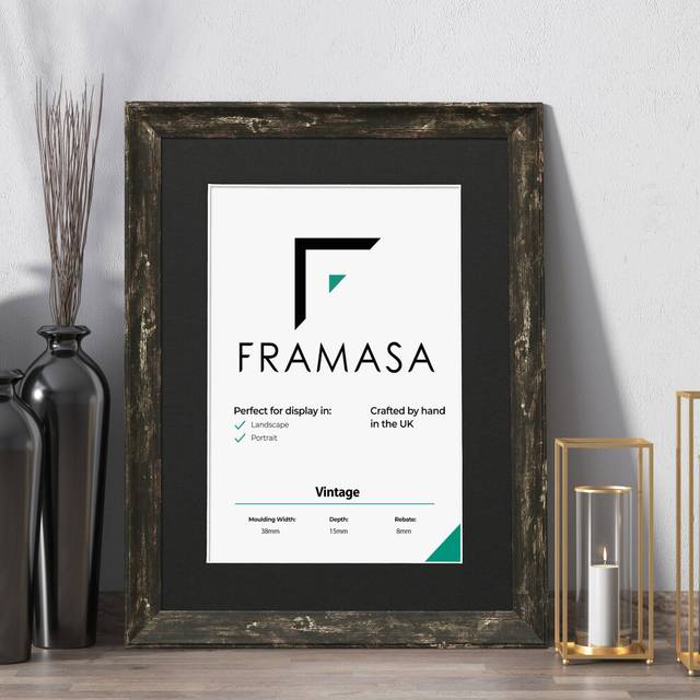 (Black Frame Black Mount, 50x70CM Pic (60x80CM Frame)) Vintage Distressed Black Photo Frames Shabby Wood Effect Picture Frames With Multicolored Mount