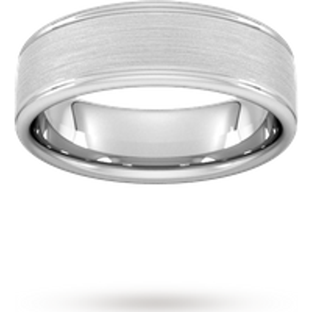 7mm D Shape Heavy Matt Centre With Grooves Wedding Ring In 18 Carat White Gold - Ring Size R