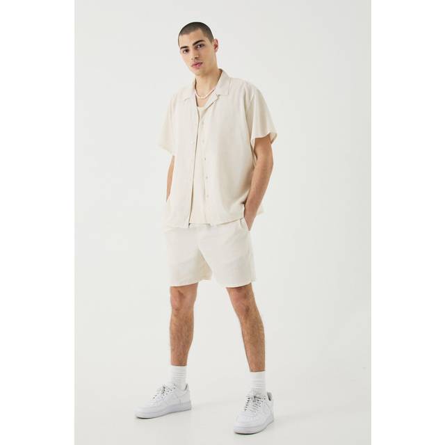 Mens Natural Regular Fit Short Sleeve Boxy Linen Blend Shirt & Short