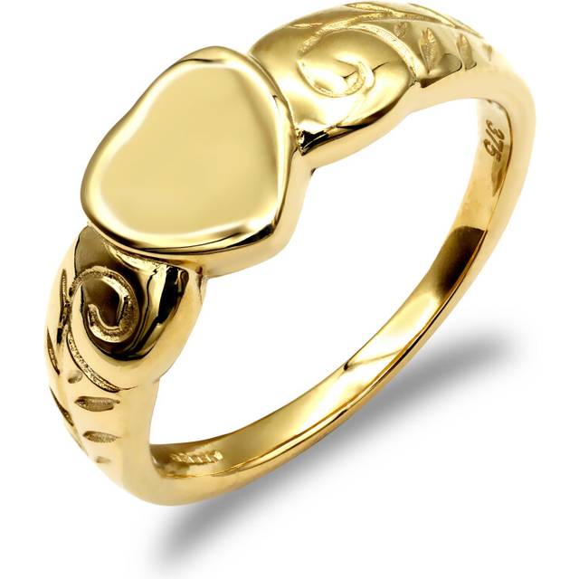 (K) Jewelco London Ladies Solid 9ct Yellow Gold Floral Scroll Heart Signet Ring