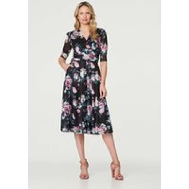 Floral Ruched Midi Tea Dress - Black - Size 18 - Izabel London