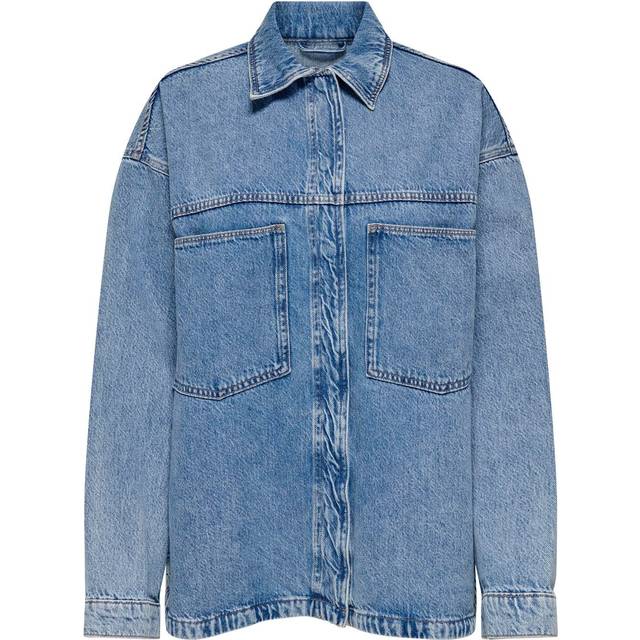 Only Regular Shirt Collar Buttoned Cuffs Dropped Shoulders Denim Shirt - Blue/Light Blue Denim