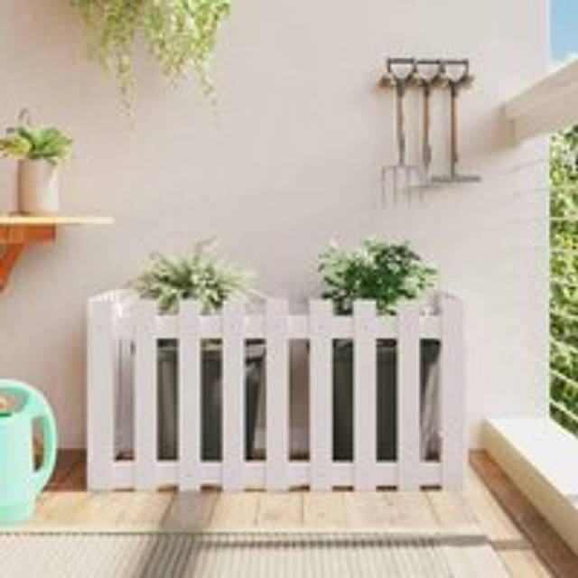 Garden Raised Bed with Fence Design White 100x50x50 cm Solid Wood Pine - One Size