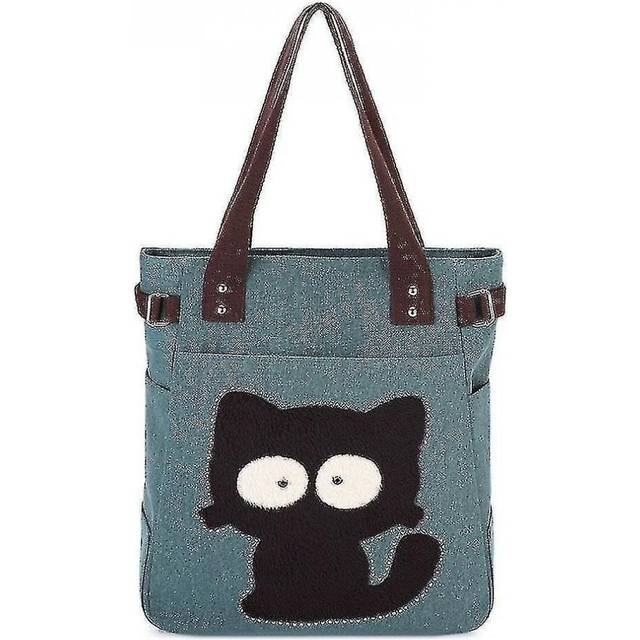 Cute Kittie Print Women Canvas Tote Casual Shoulder Work Bag(green)