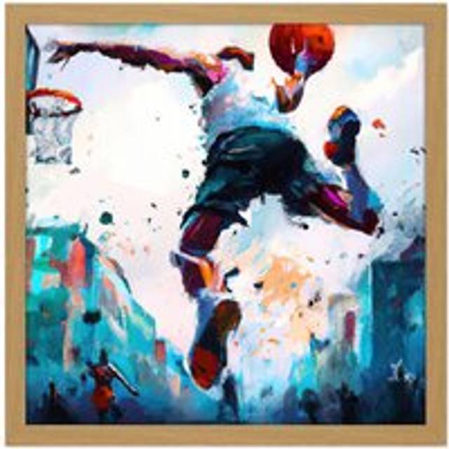 Wall Art Print City Basketball Slam Dunk Sport Splatter Watercolour Painting Teal Orange Square Framed Picture 16X16 Inch - Tan - W16 inch x H16 inch