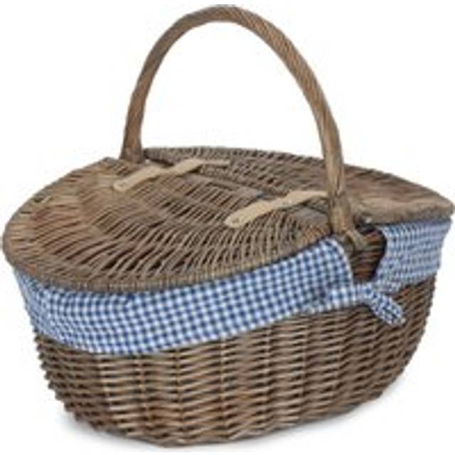 Antique Grey Oval Picnic Basket - Blue Check