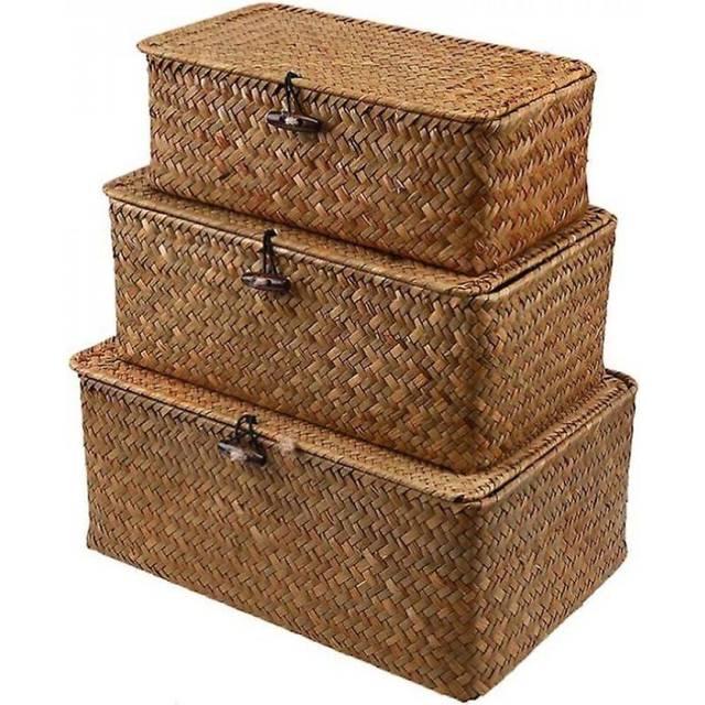 Rattan Basket Storage Basket Made Of Seagrass With Lid 3 Pieces