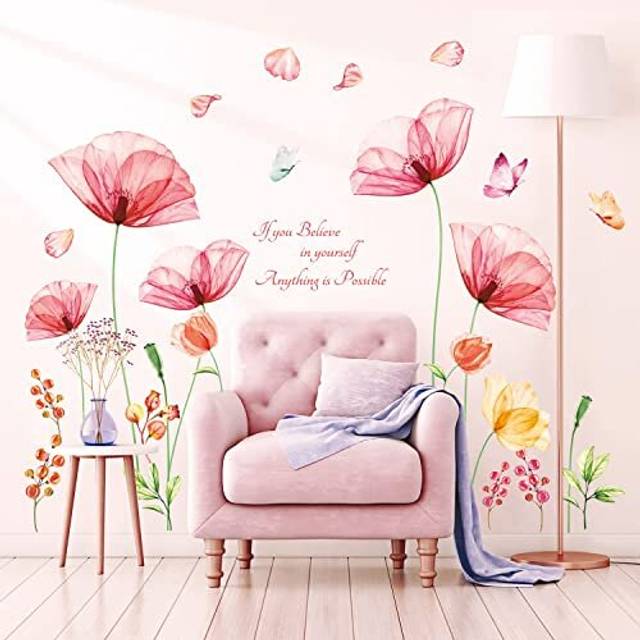 SG-2206 Pink Flowers Quotes Wall Stickers Poppy Floral Butterfly Decals Removable for Inspirational Bedroom Living Room Kitchen Bathroom Art Home
