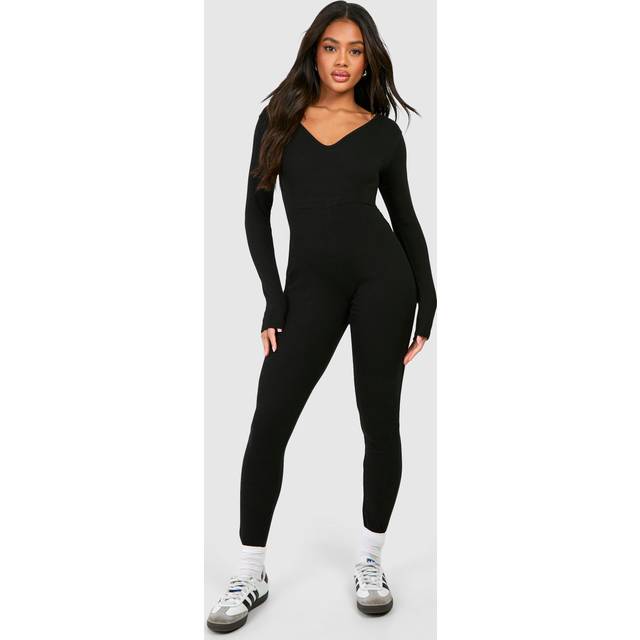 Womens Basic Rib Plunge Unitard Jumpsuit - Black - 10