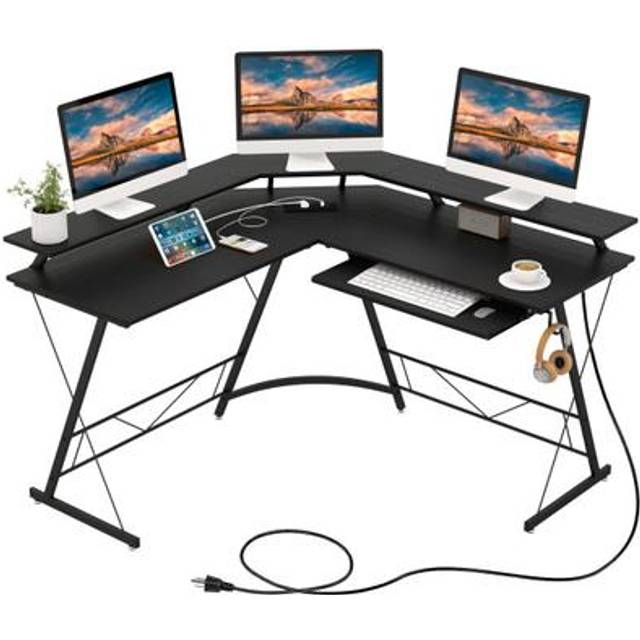 Costway L-shaped Computer Desk with Power Outlet and Monitor Stand-Black, Black