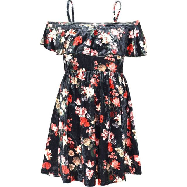 (7-8 Years, Style No 3) Girls Floral Black Party Off Shoulder Dresses 7-13 Yr