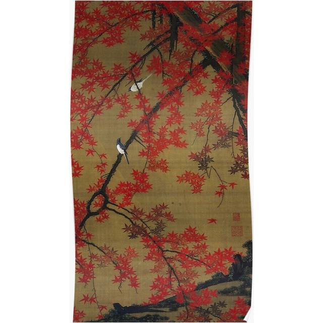 Posters Favourite Artist - Jakuchu Ito - Maple Tree Small Birds 16x20 inch or 20x20 inch Wall Art Soccer Print