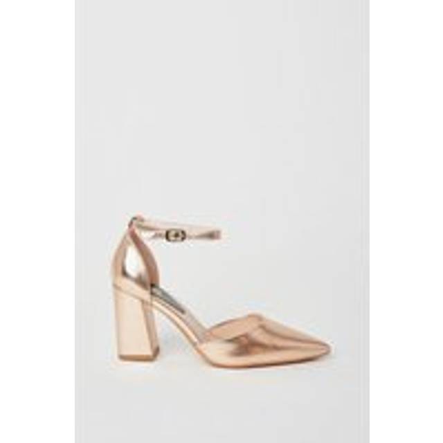 Womens Blanche Ankle Strap Pointed High Block Heel Court Shoes - Rose Gold - 5