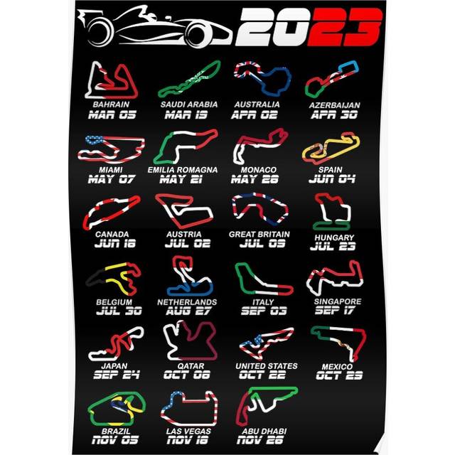 Posters Calendar Formula race cars 2023 circuits colors 16x20 inch or 20x20 inch Wall Art Soccer Print