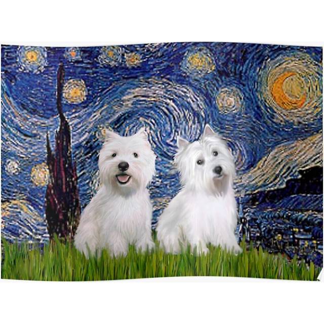Posters Starry Night - Two West Highland Terriers 16x20 inch or 20x20 inch Wall Art Soccer Print
