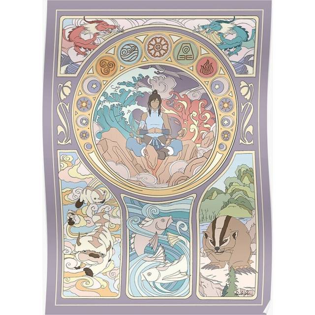 Posters Avatar Korra and Original Benders, Art Nouveau 16x20 inch or 20x20 inch Wall Art Soccer Print