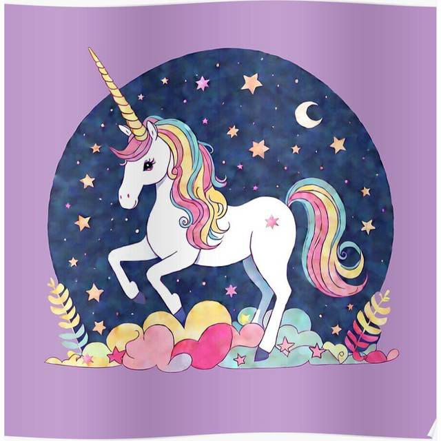 Posters Illustrated design of a cute happy unicorn with rainbow hair, dancing in flowers, with stars and moon. 16x20 inch or 20x20 inch Wall Art Socce