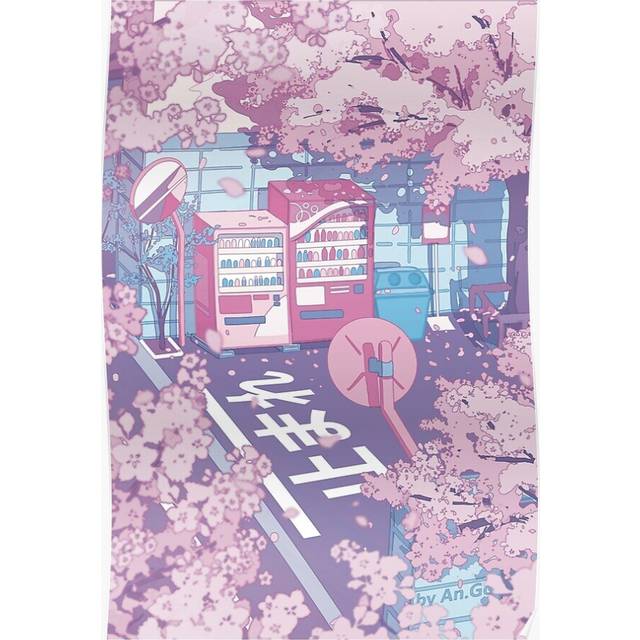 Posters A beautiful aesthetic Tokyo street and the pink sakura tree blossom (pastel version) 16x20 inch or 20x20 inch Wall Art Soccer Print